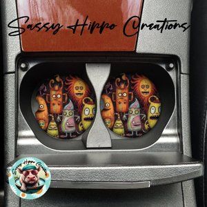 Car Coasters Monster Mash Spooky Creepy Halloween Set of 2 Neoprene Absorbent